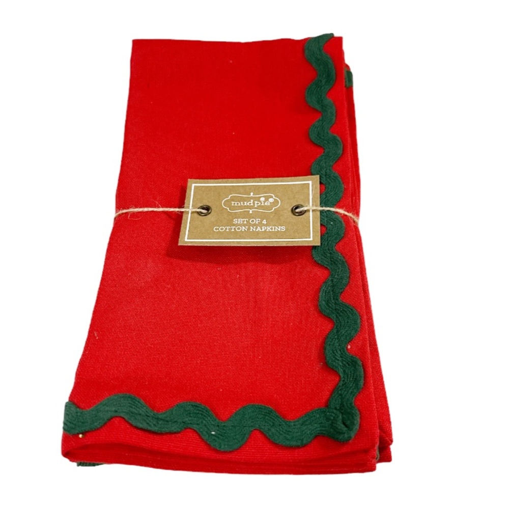 NEW Mud Pie Red RIC RAC NAPKIN Set/4